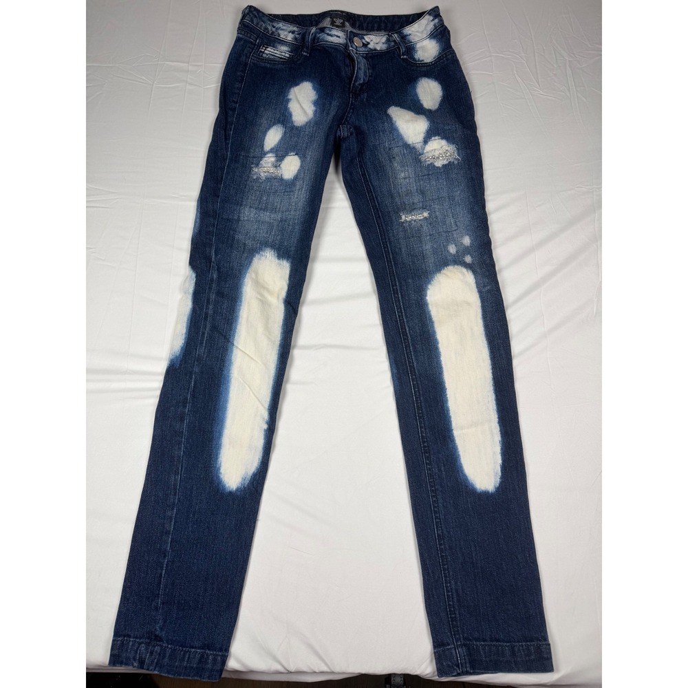 Allen B Allen Schwartz Bleached Distressed Rhinestone Slim Straight Jeans Blue 4
